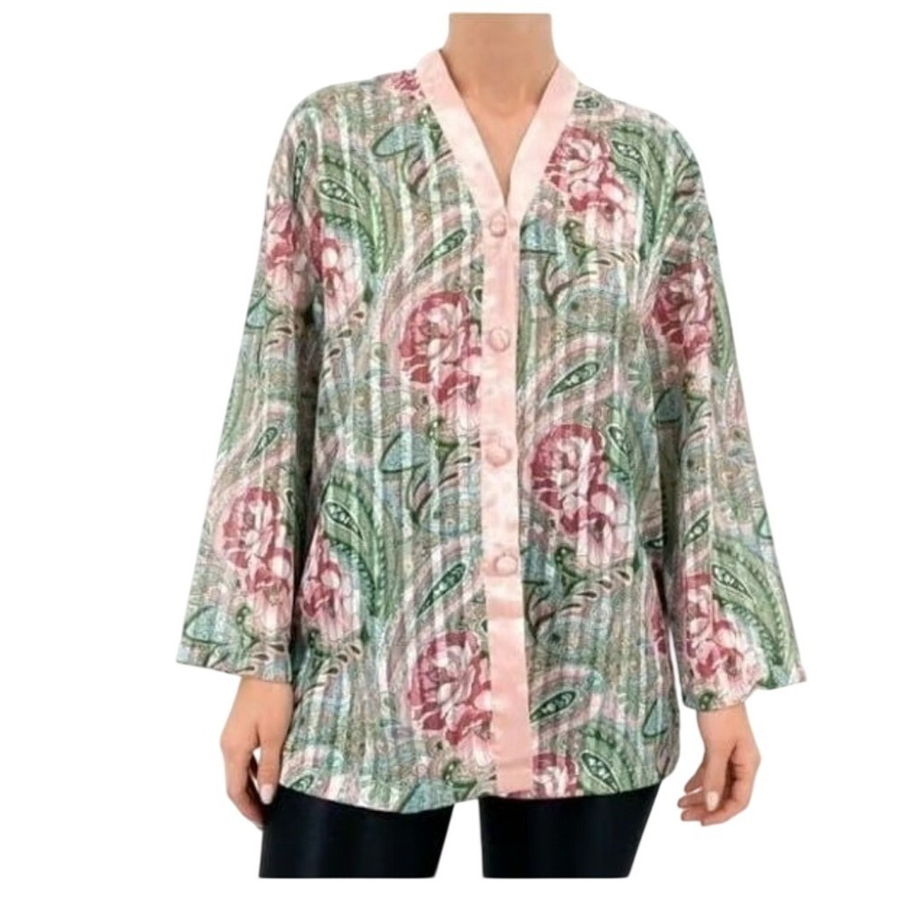Victoria's Secret Kimono Robe Jacket Paisley Floral Pink Green Satin L